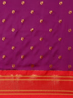 Maharani paithani saree silk blend in purple and red with small peacock meena butti - body fabric detail showing motif design for wedding wear