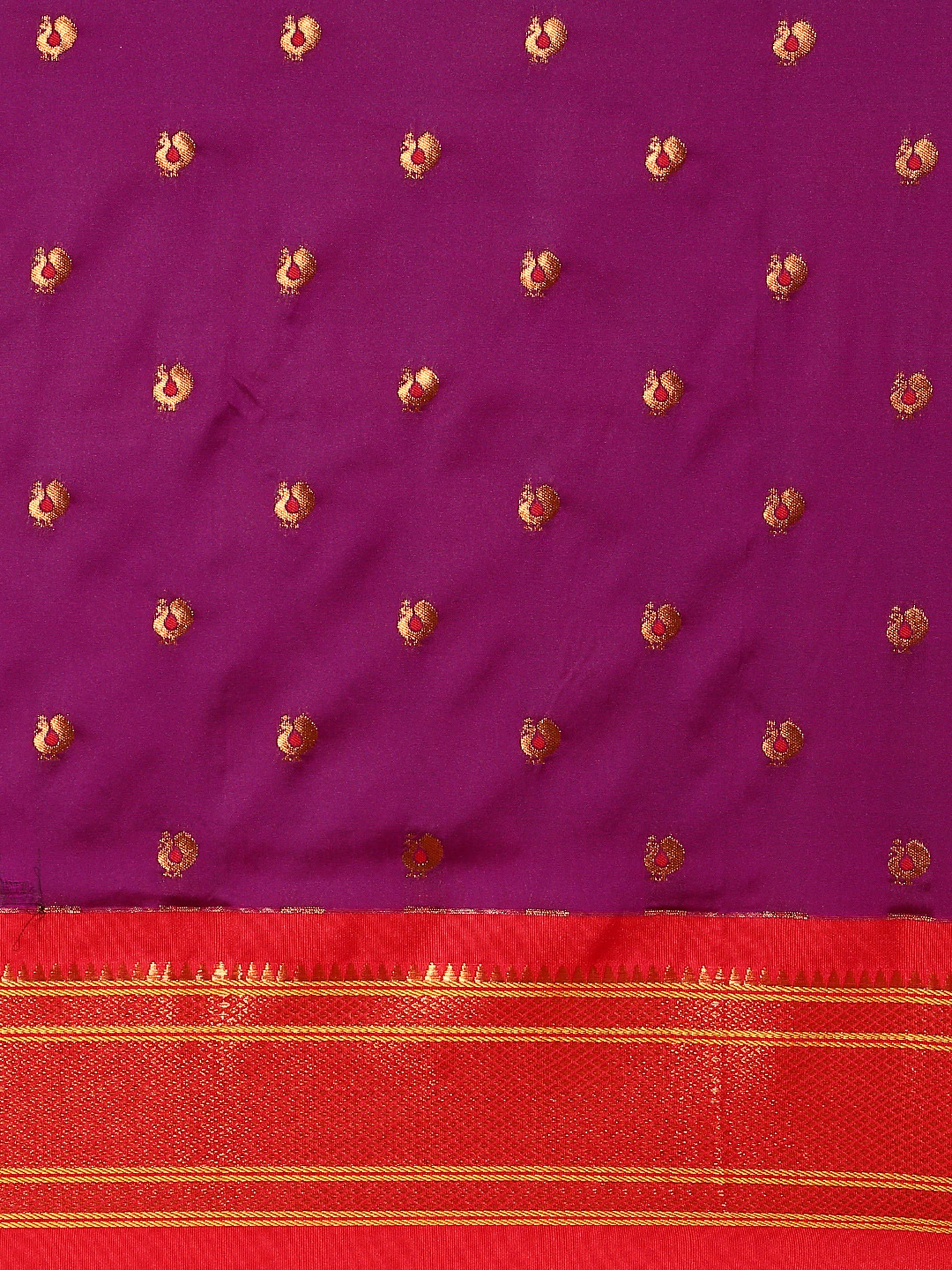 Maharani paithani saree silk blend in purple and red with small peacock meena butti - body fabric detail showing motif design for wedding wear