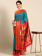 Maharani paithani saree silk blend in rama green and red with small peacock meena butti - front view for wedding wear