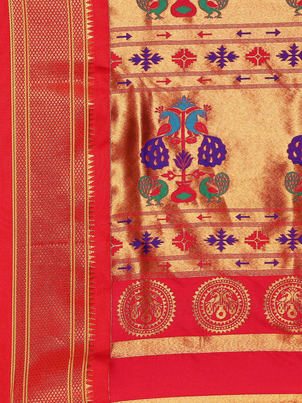 Maharani paithani saree silk blend in rama green and red with small peacock meena butti - pallu detail showing woven motif design for wedding wear