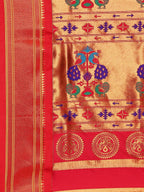 Maharani paithani saree silk blend in rama green and red with small peacock meena butti - pallu detail showing woven motif design for wedding wear