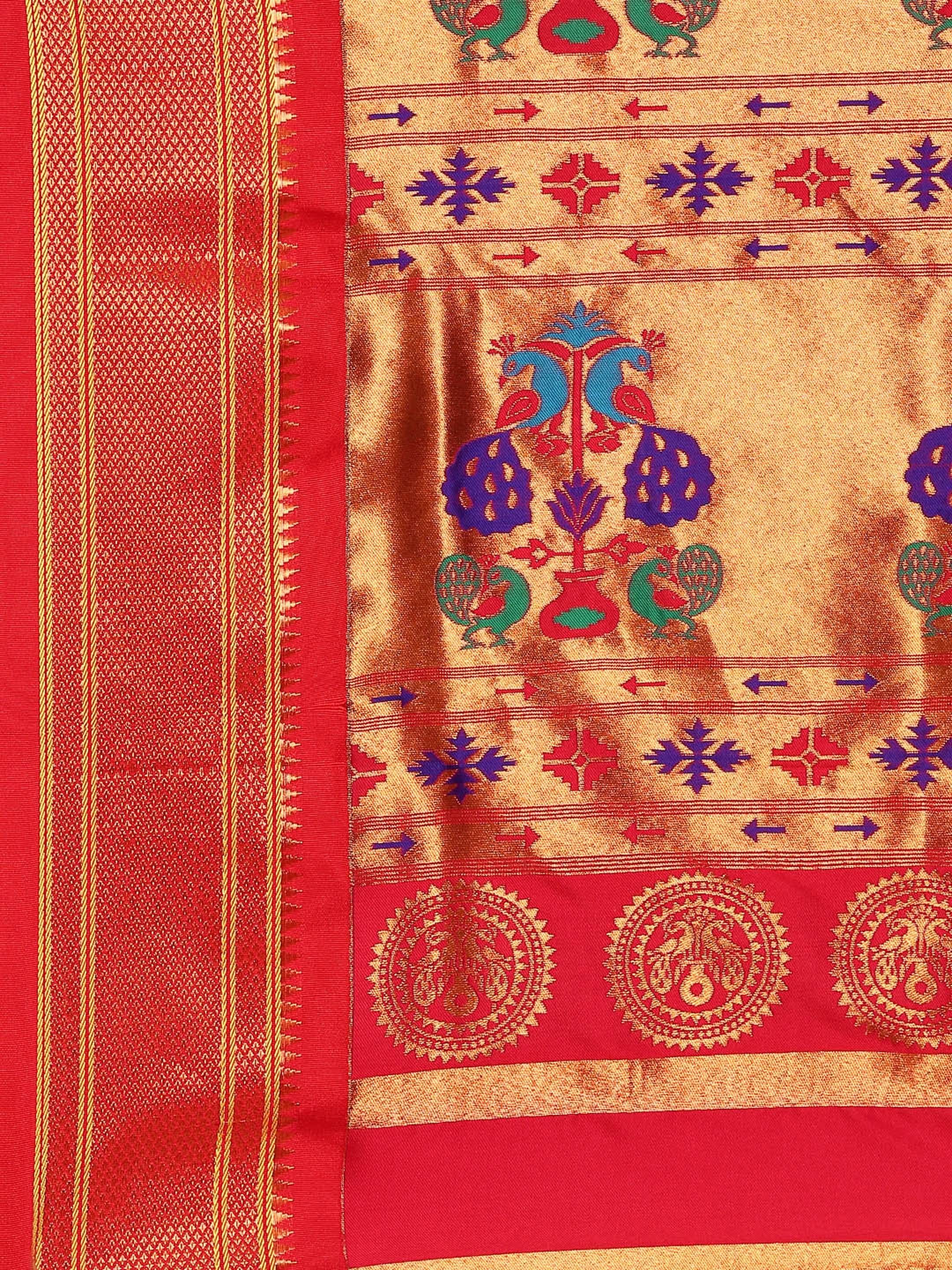 Maharani paithani saree silk blend in rama green and red with small peacock meena butti - pallu detail showing woven motif design for wedding wear
