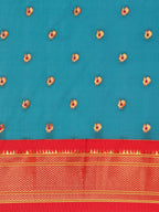 Maharani paithani saree silk blend in rama green and red with small peacock meena butti - body fabric detail showing motif design for wedding wear