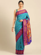 Maharani paithani saree silk blend in rama green and violet with small peacock meena butti - front view for wedding wear