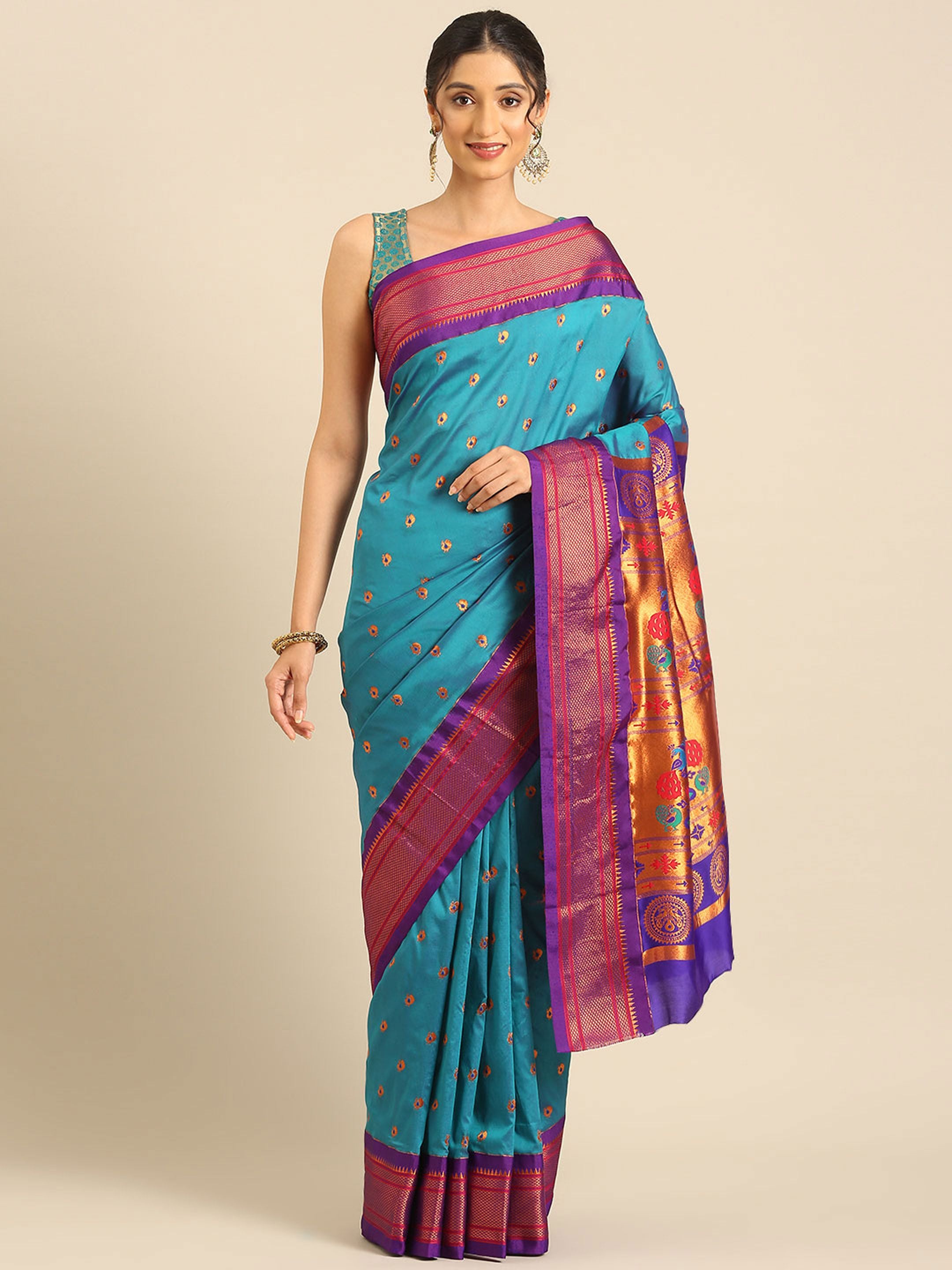 Maharani Paithani Saree Silk Blend | Small Peacock Meena Butti | Wedding Wear
