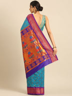Maharani paithani saree silk blend in rama green and violet with small peacock meena butti - back view showing pallu and border for wedding wear