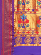 Maharani paithani saree silk blend in rama green and violet with small peacock meena butti - pallu detail showing woven motif design for wedding wear