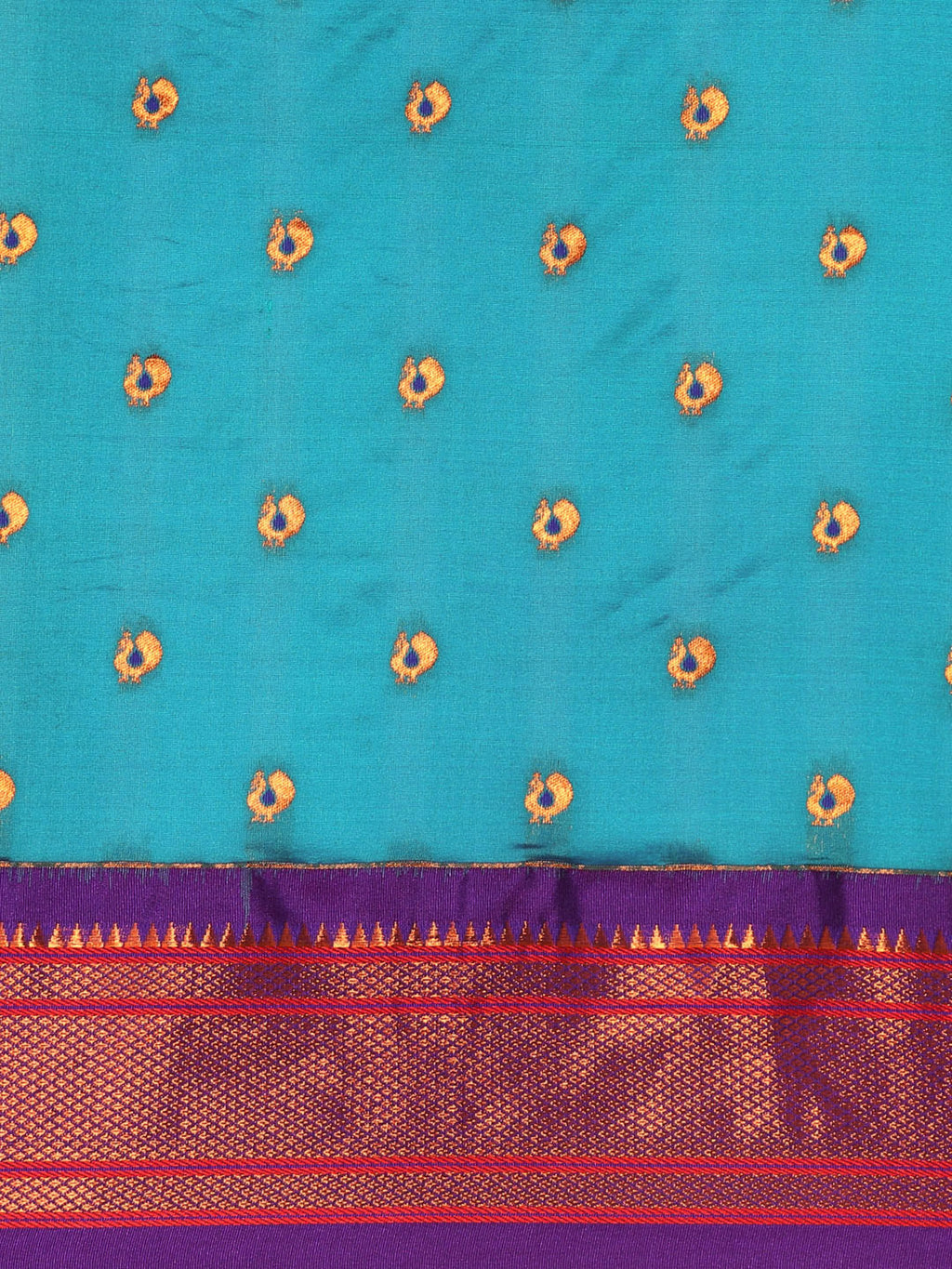 Maharani paithani saree silk blend in rama green and violet with small peacock meena butti - body fabric detail showing motif design for wedding wear