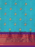 Maharani paithani saree silk blend in rama green and violet with small peacock meena butti - body fabric detail showing motif design for wedding wear