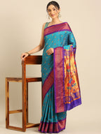 Maharani paithani saree silk blend in rama green and violet with small peacock meena butti - styled model view for wedding wear