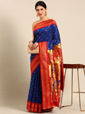Maharani paithani saree silk blend in royal blue and red with small peacock meena butti - front view for wedding wear