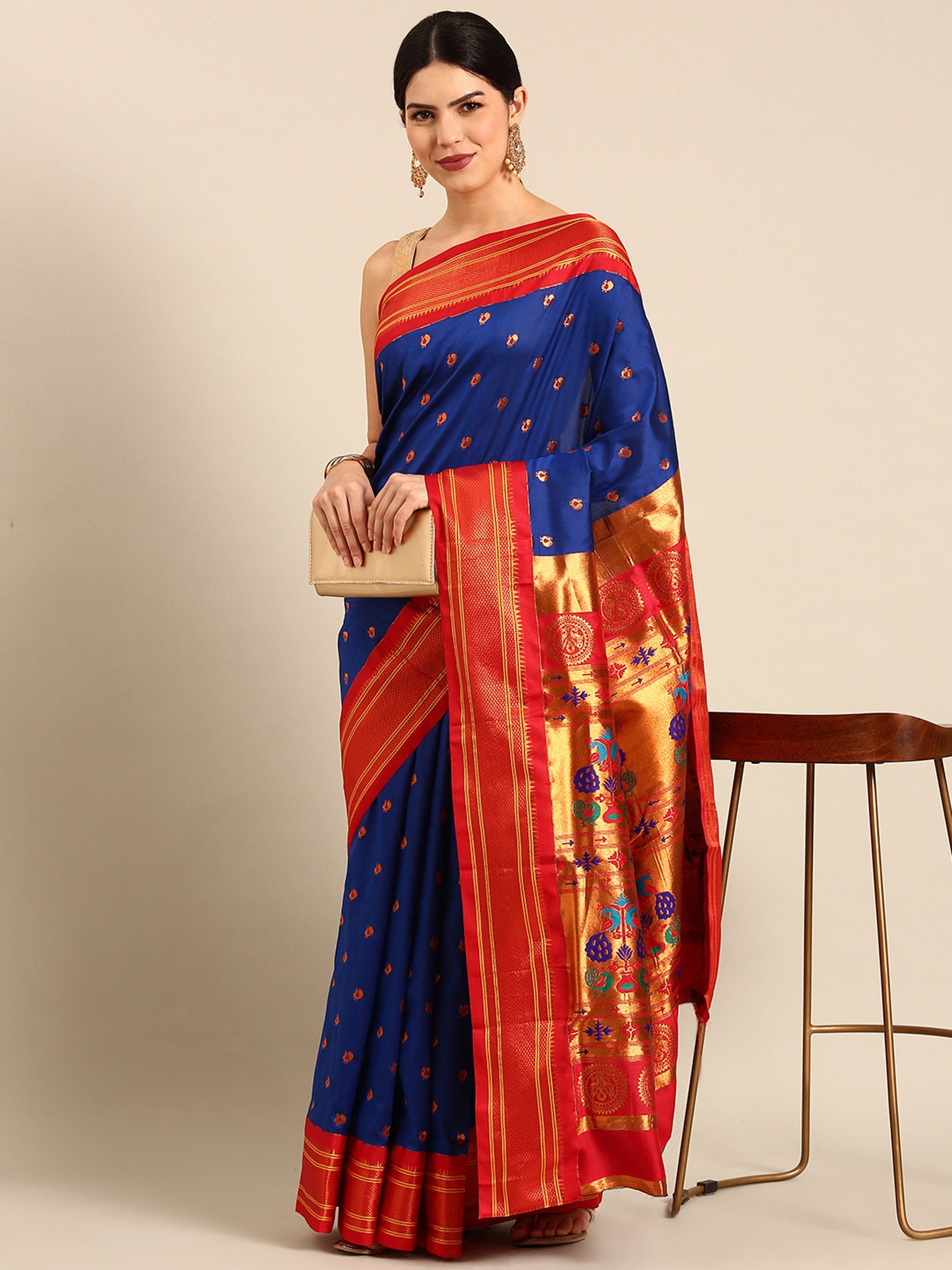 Maharani paithani saree silk blend in royal blue and red with small peacock meena butti - front view for wedding wear