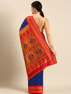 Maharani paithani saree silk blend in royal blue and red with small peacock meena butti - back view showing pallu and border for wedding wear