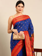 Maharani paithani saree silk blend in royal blue and red with small peacock meena butti - closeup view showing fabric and zari work for wedding wear