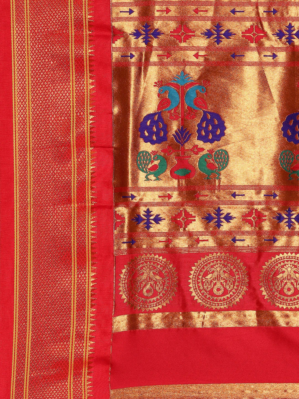 Maharani paithani saree silk blend in royal blue and red with small peacock meena butti - pallu detail showing woven motif design for wedding wear