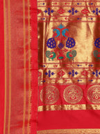 Maharani paithani saree silk blend in royal blue and red with small peacock meena butti - pallu detail showing woven motif design for wedding wear