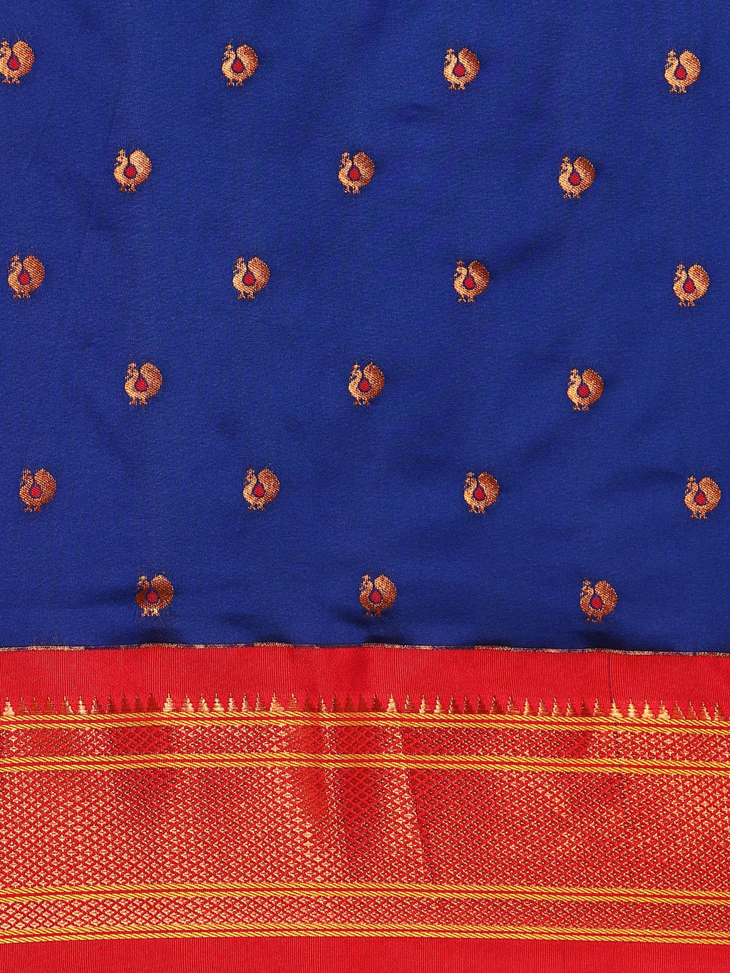 Maharani paithani saree silk blend in royal blue and red with small peacock meena butti - body fabric detail showing motif design for wedding wear