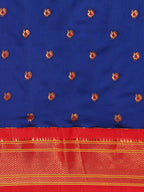 Maharani paithani saree silk blend in royal blue and red with small peacock meena butti - body fabric detail showing motif design for wedding wear