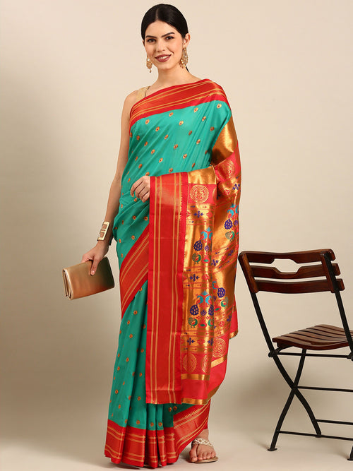 Maharani paithani saree silk blend in sea green and red with small peacock meena butti - front view for wedding wear