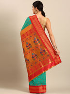 Maharani paithani saree silk blend in sea green and red with small peacock meena butti - back view showing pallu and border for wedding wear