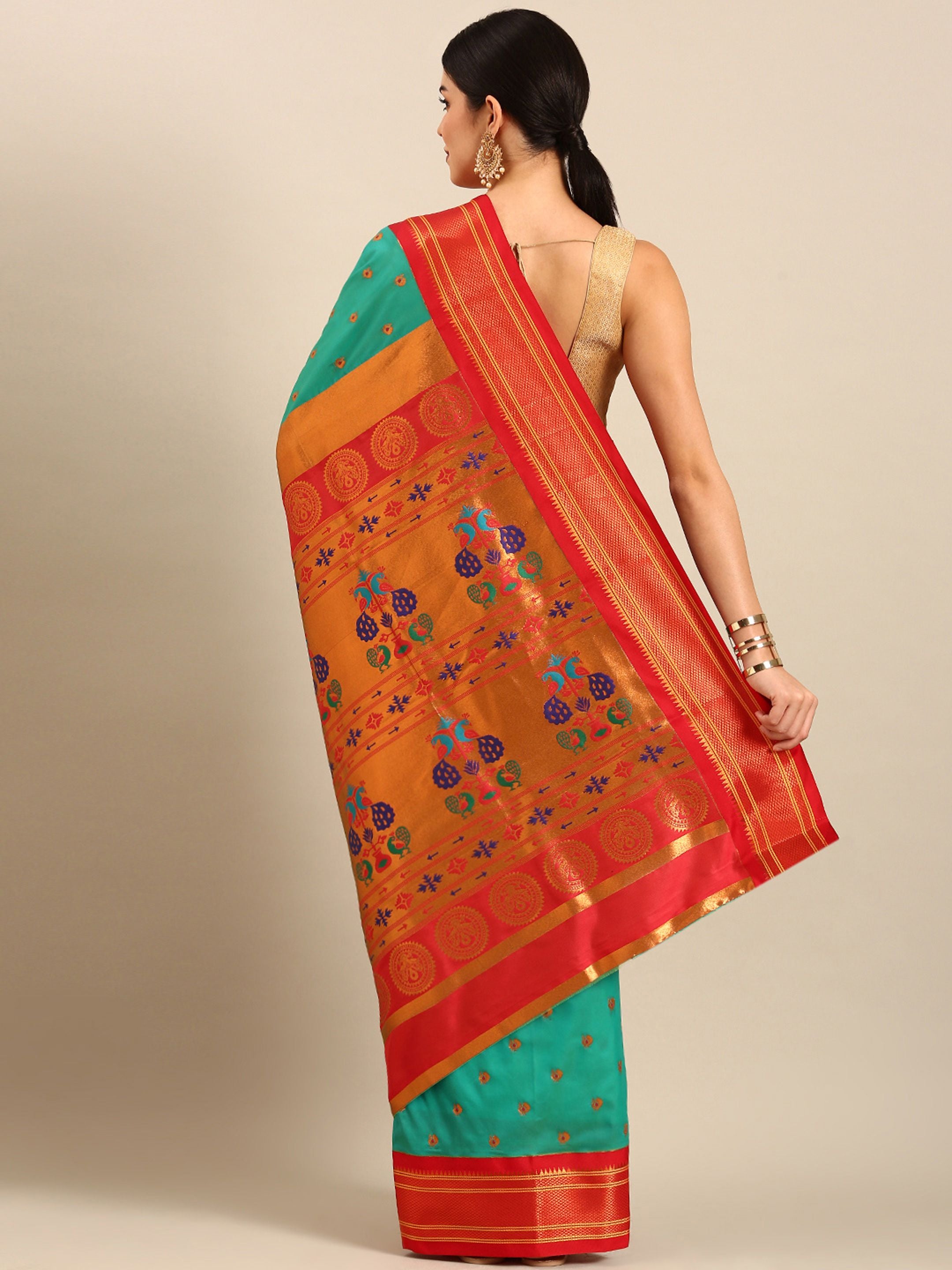 Maharani paithani saree silk blend in sea green and red with small peacock meena butti - back view showing pallu and border for wedding wear