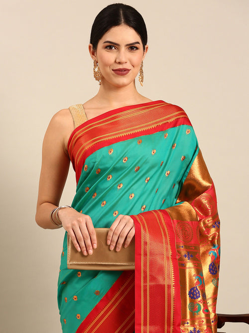 Maharani paithani saree soft silk in sea green and red with small peacock meena butti - closeup view showing fabric and zari work for wedding wear