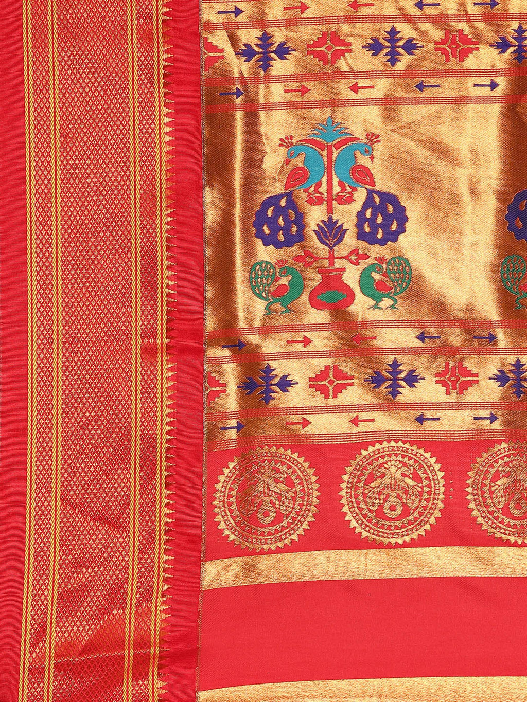 Maharani paithani saree silk blend in sea green and red with small peacock meena butti - pallu detail showing woven motif design for wedding wear