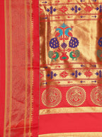 Maharani paithani saree silk blend in sea green and red with small peacock meena butti - pallu detail showing woven motif design for wedding wear