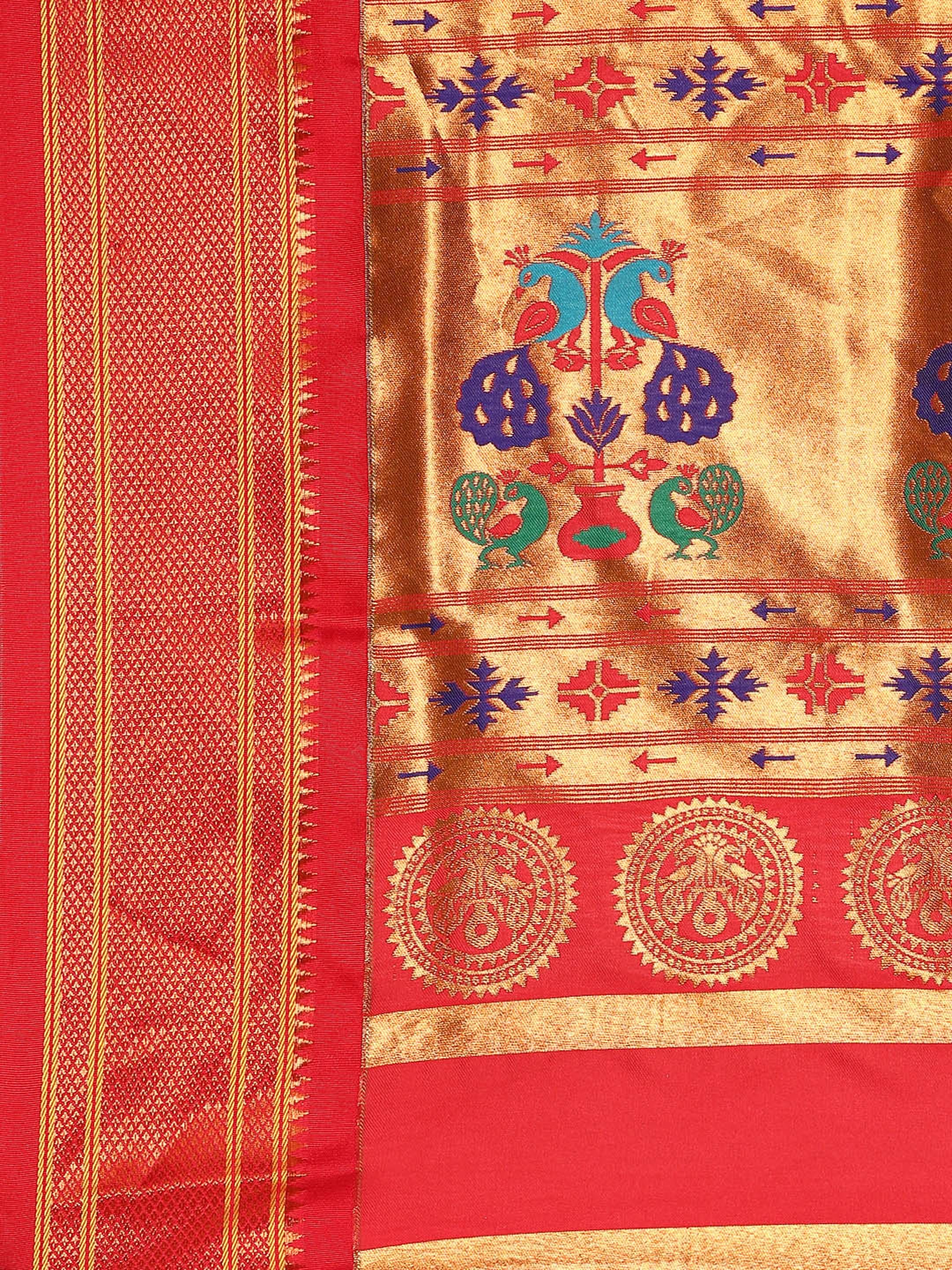 Maharani paithani saree silk blend in sea green and red with small peacock meena butti - pallu detail showing woven motif design for wedding wear