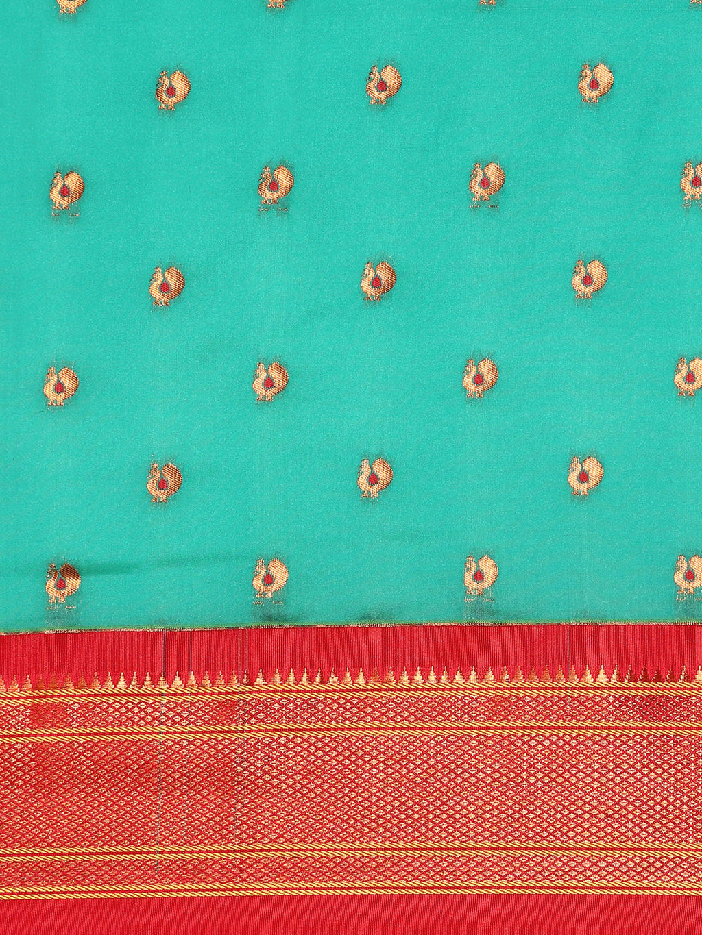 Maharani paithani saree silk blend in sea green and red with small peacock meena butti - body fabric detail showing motif design for wedding wear