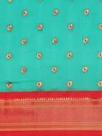Maharani paithani saree silk blend in sea green and red with small peacock meena butti - body fabric detail showing motif design for wedding wear