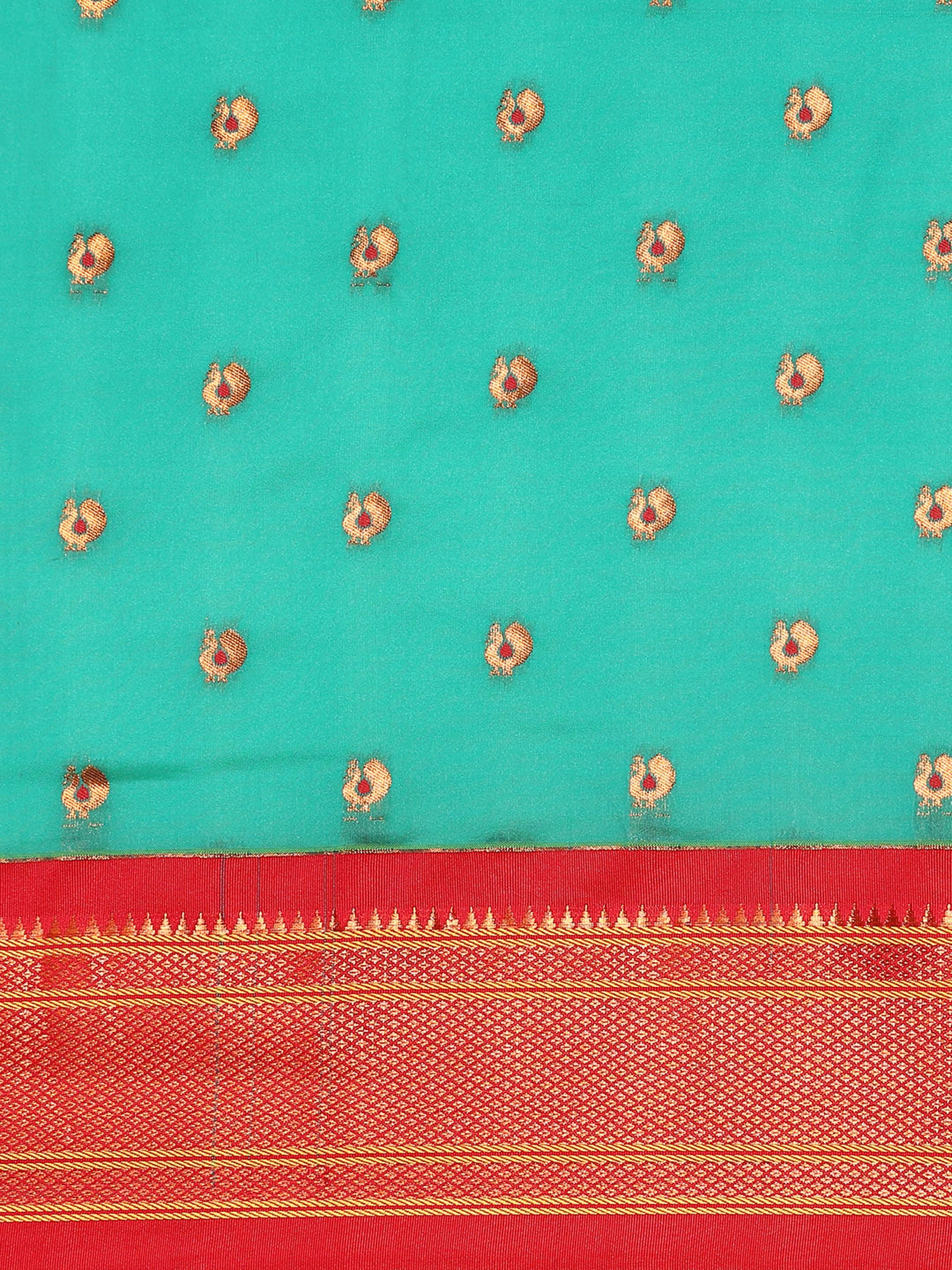 Maharani paithani saree silk blend in sea green and red with small peacock meena butti - body fabric detail showing motif design for wedding wear