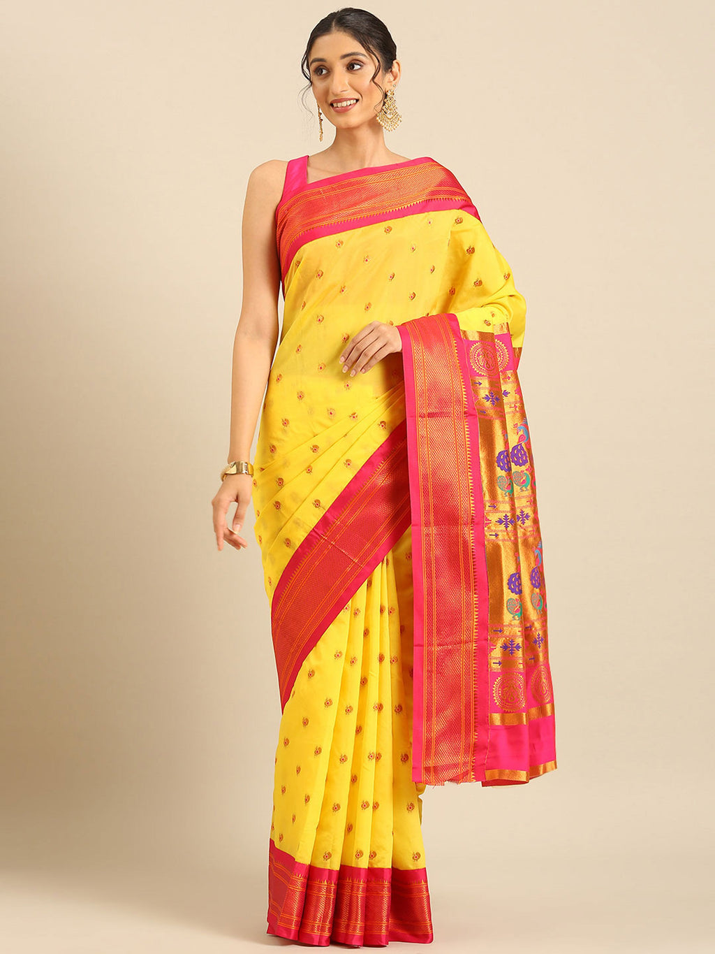 Maharani paithani saree silk blend in yellow and pink with small peacock meena butti - front view for wedding wear