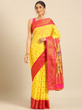 Maharani paithani saree silk blend in yellow and pink with small peacock meena butti - front view for wedding wear