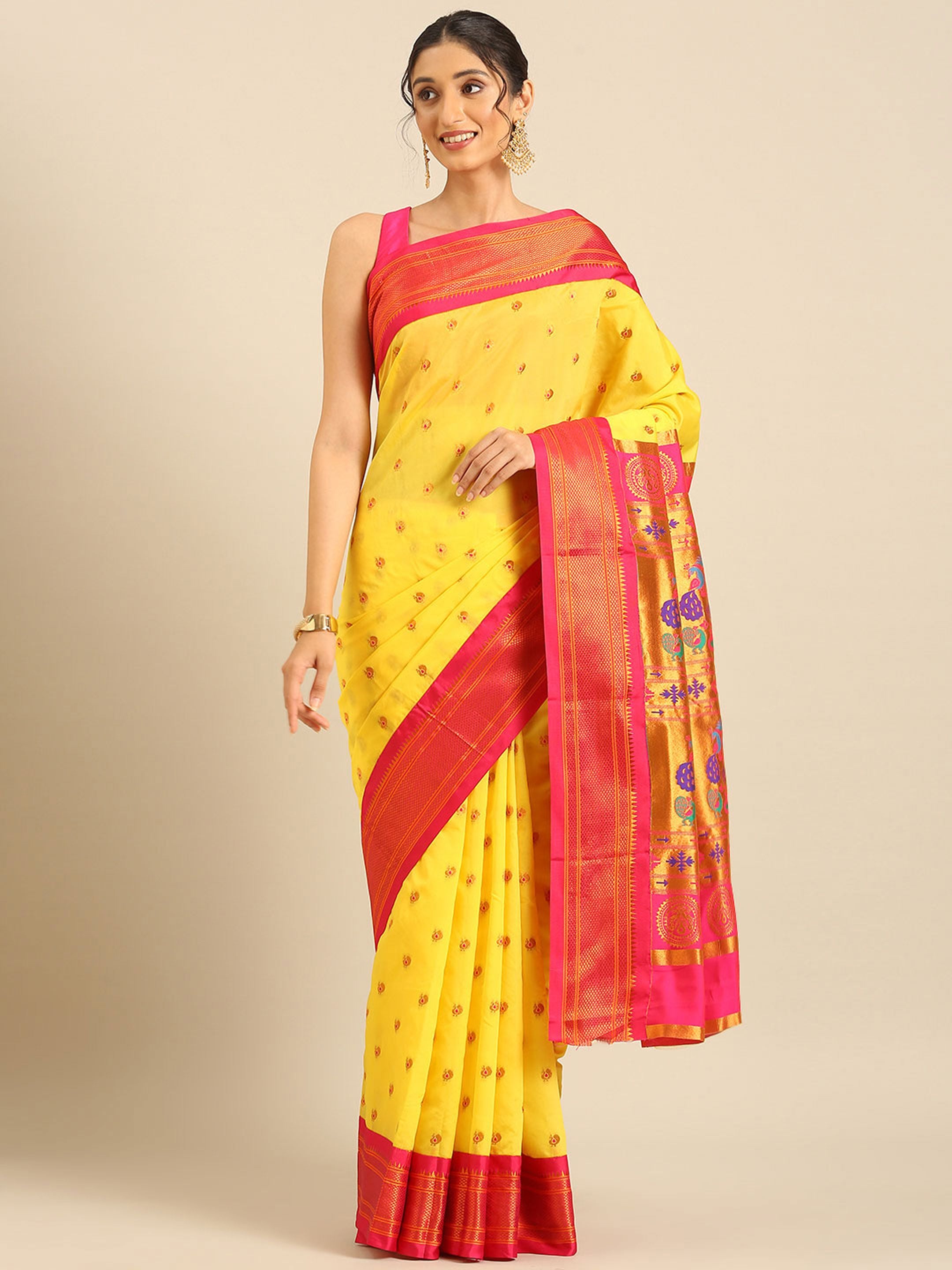 Maharani paithani saree silk blend in yellow and pink with small peacock meena butti - front view for wedding wear