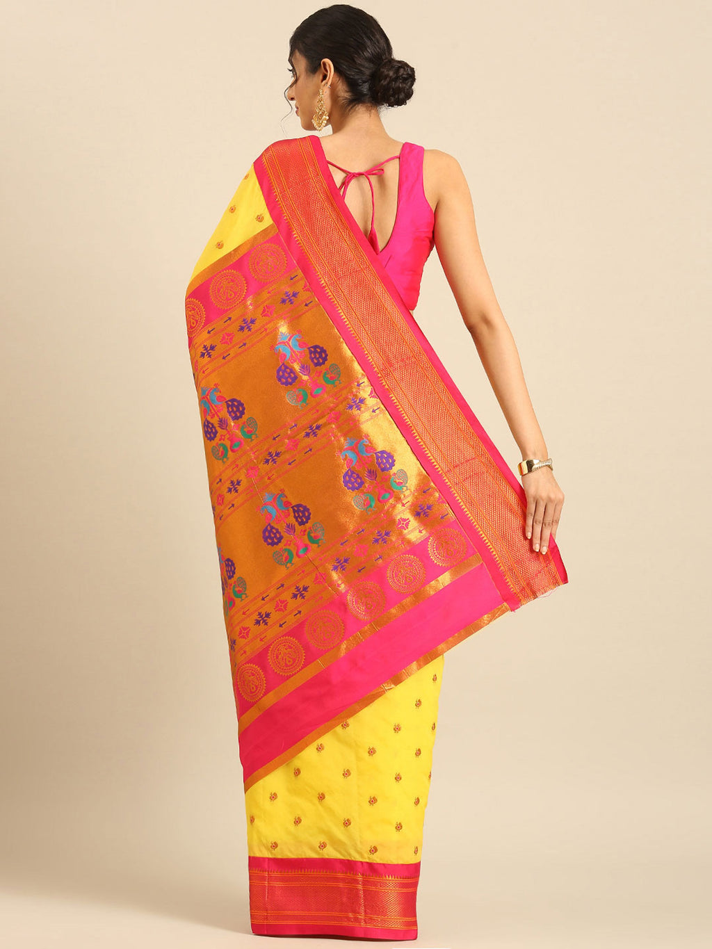 Maharani paithani saree silk blend in yellow and pink with small peacock meena butti - back view showing pallu and border for wedding wear