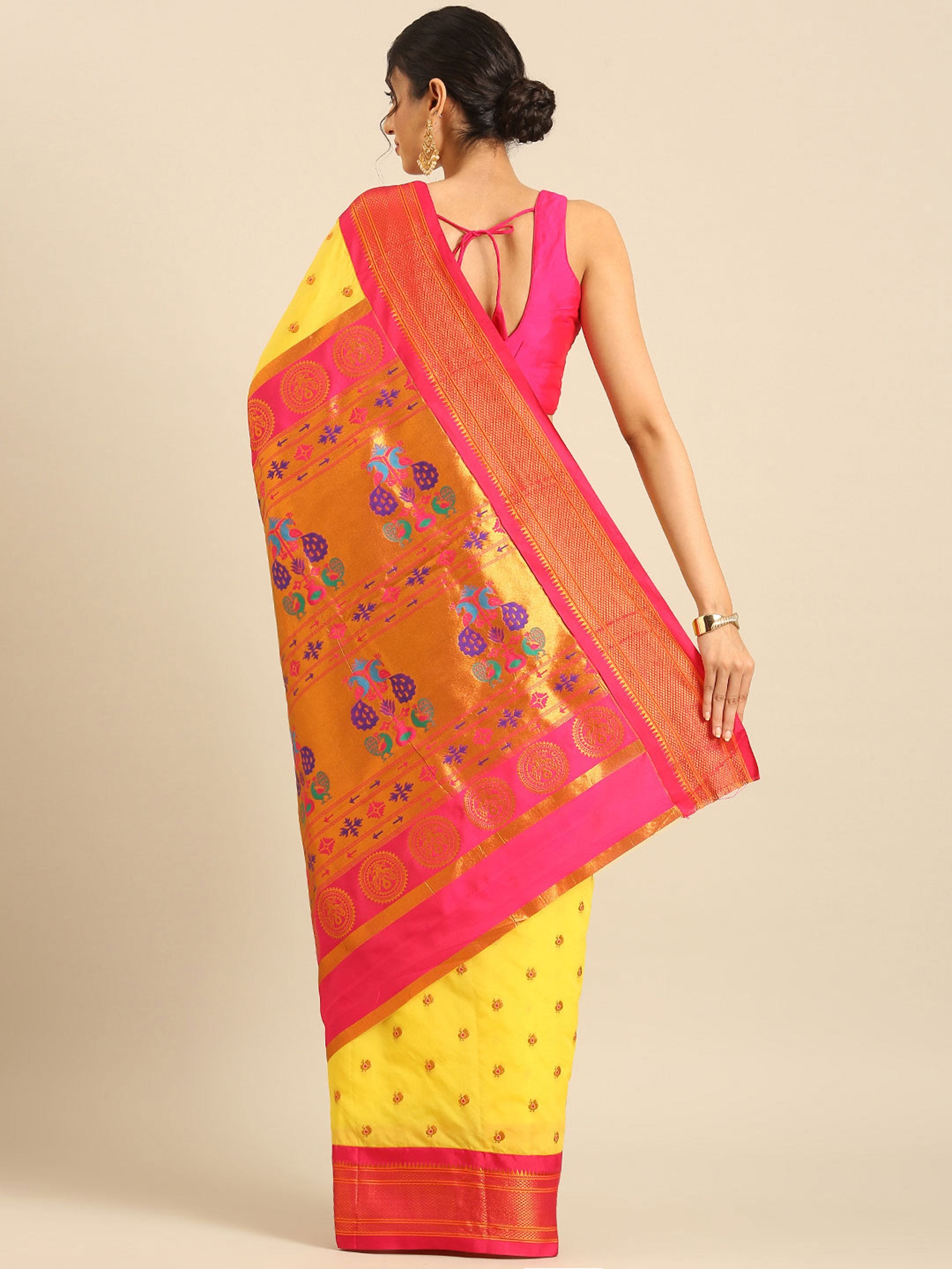 Maharani paithani saree silk blend in yellow and pink with small peacock meena butti - back view showing pallu and border for wedding wear