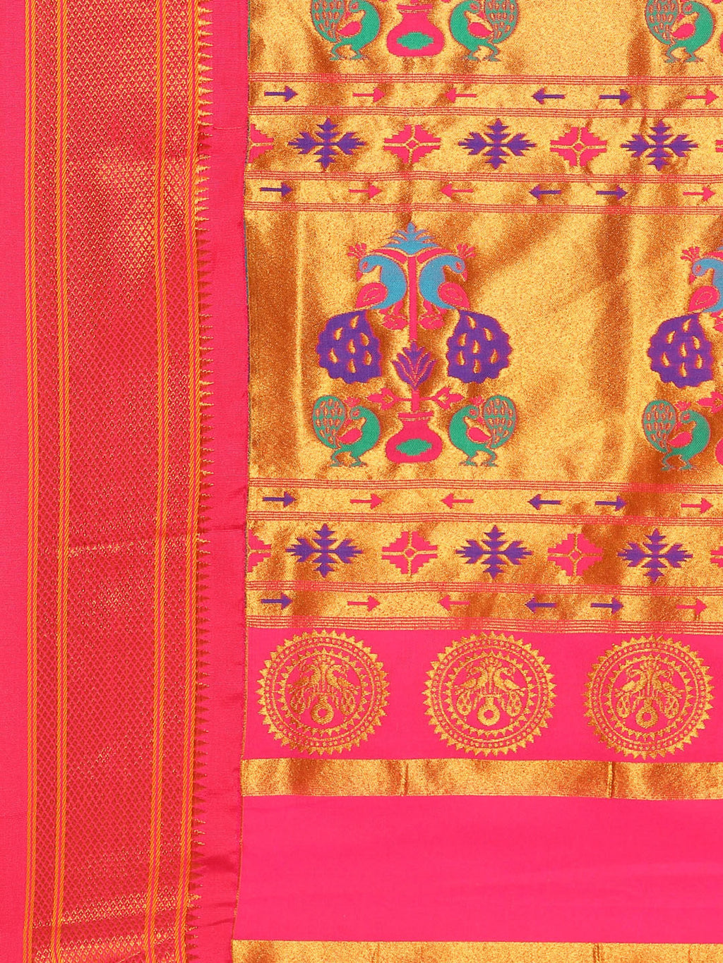 Maharani paithani saree silk blend in yellow and pink with small peacock meena butti - pallu detail showing woven motif design for wedding wear