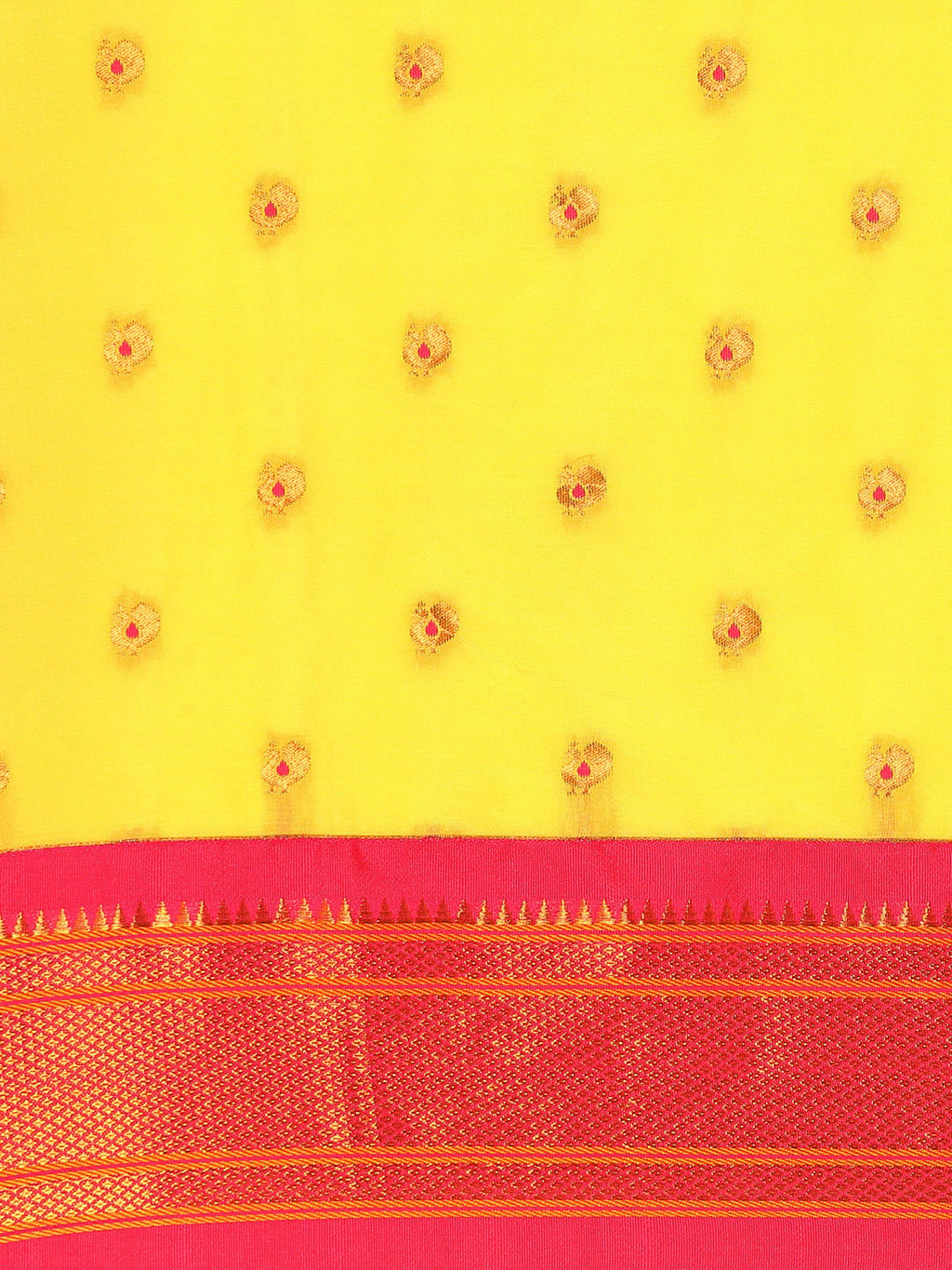 Maharani paithani saree silk blend in yellow and pink with small peacock meena butti - body fabric detail showing motif design for wedding wear