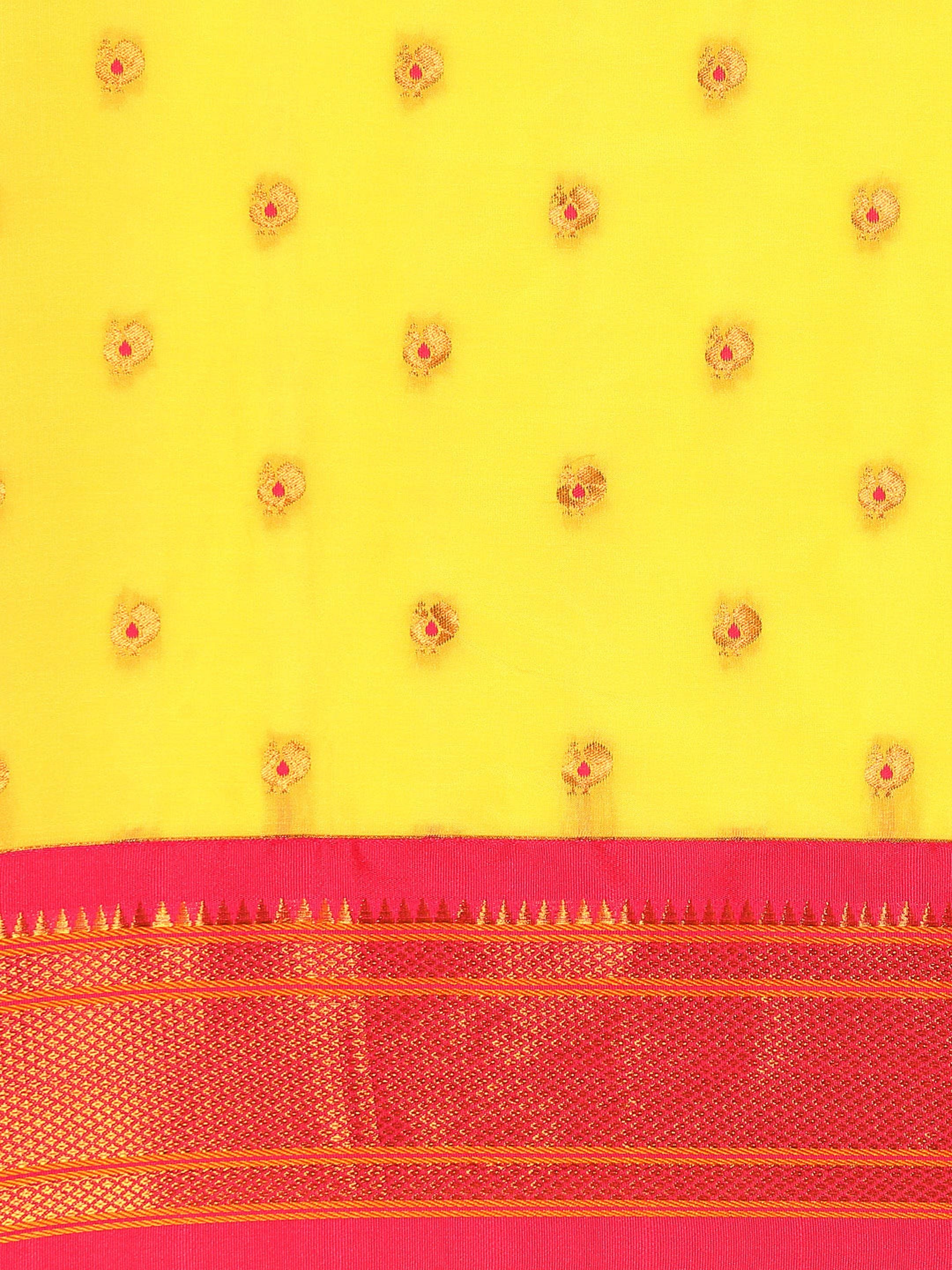 Maharani paithani saree silk blend in yellow and pink with small peacock meena butti - body fabric detail showing motif design for wedding wear
