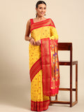 Maharani paithani saree silk blend in yellow and red with small peacock meena butti - front view for wedding wear