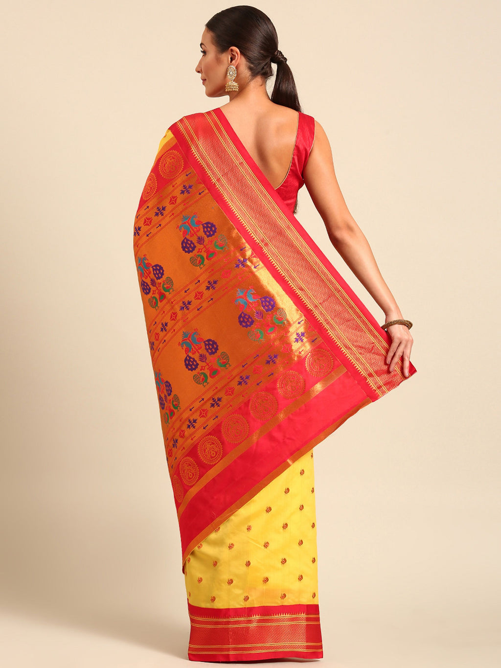 Maharani paithani saree silk blend in yellow and red with small peacock meena butti - back view showing pallu and border for wedding wear