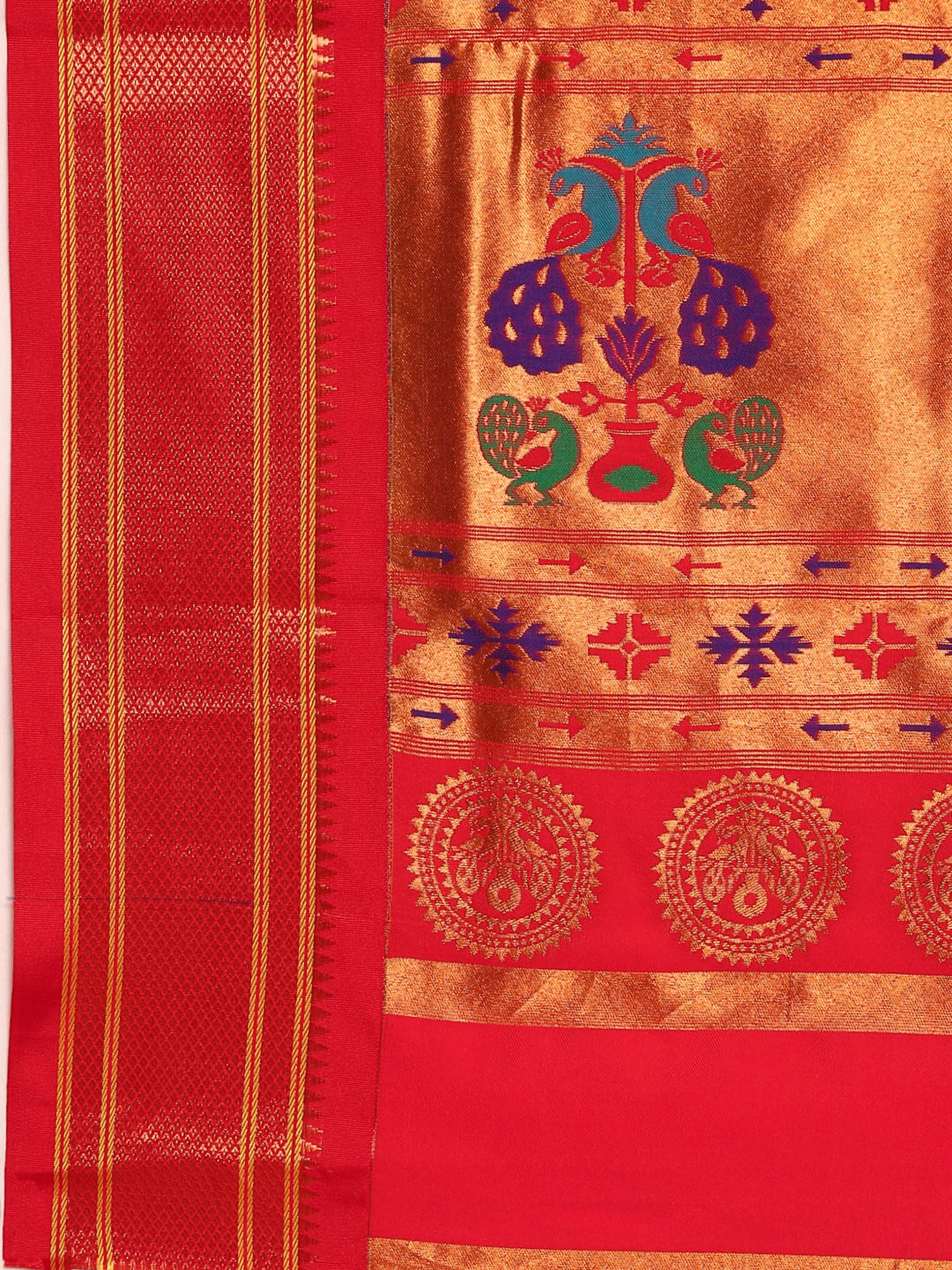 Maharani paithani saree silk blend in yellow and red with small peacock meena butti - pallu detail showing woven motif design for wedding wear