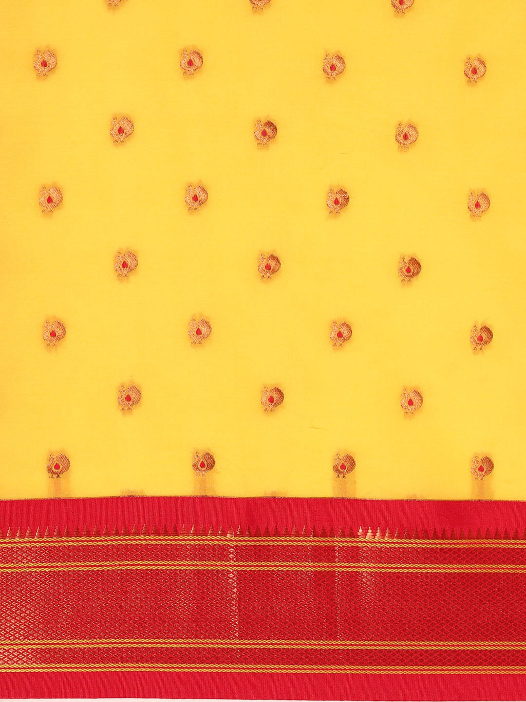 Maharani paithani saree silk blend in yellow and red with small peacock meena butti - body fabric detail showing motif design for wedding wear