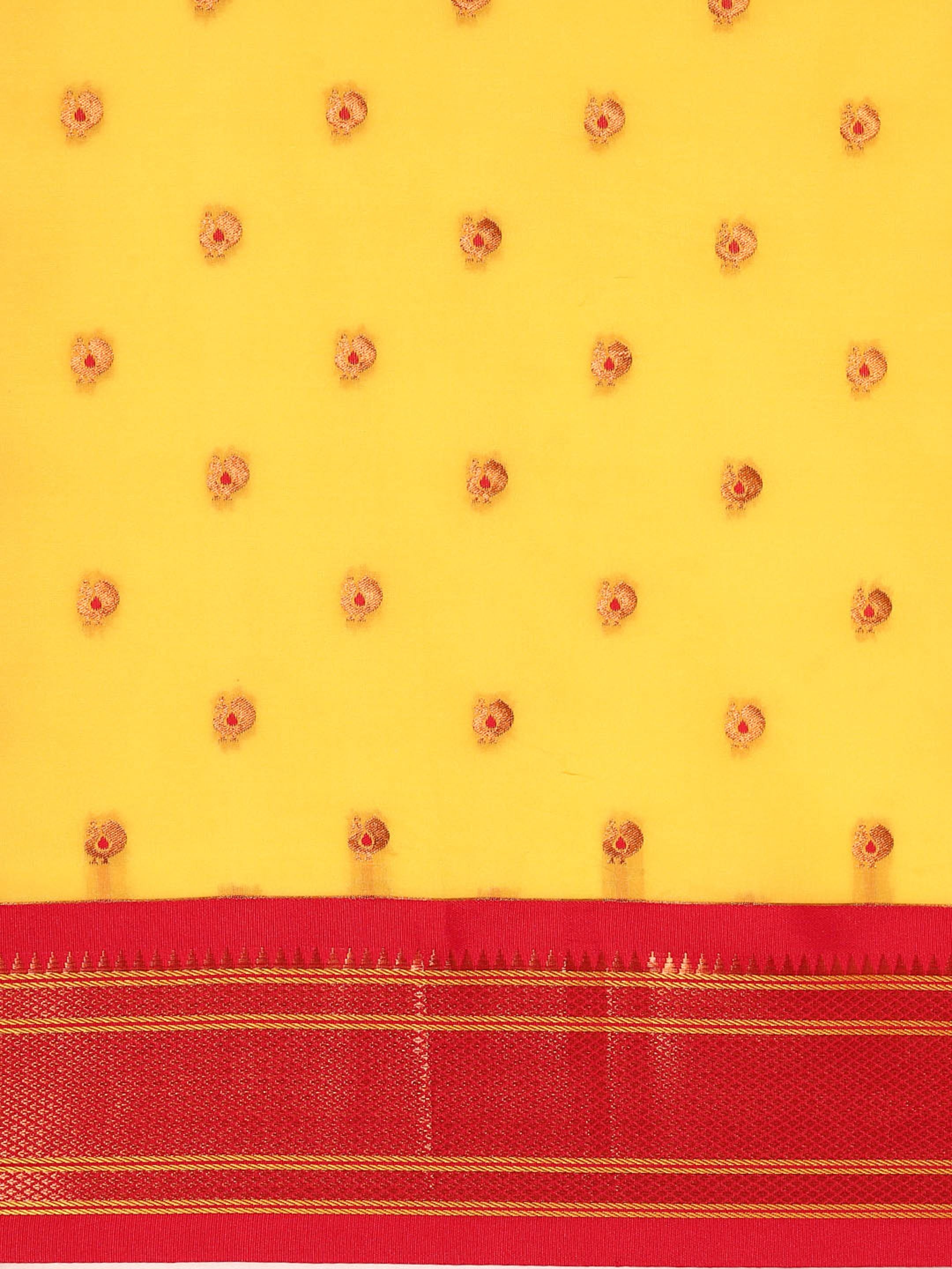 Maharani paithani saree silk blend in yellow and red with small peacock meena butti - body fabric detail showing motif design for wedding wear
