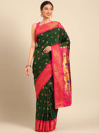 Maharani paithani saree silk blend in bottle green and pink with big peacock meena butti - front view for party wear