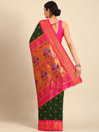 Maharani paithani saree silk blend in bottle green and pink with big peacock meena butti - back view showing pallu and border for party wear