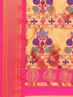 Maharani paithani saree silk blend in bottle green and pink with big peacock meena butti - pallu detail showing woven motif design for party wear