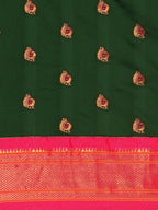 Maharani paithani saree silk blend in bottle green and pink with big peacock meena butti - body fabric detail showing motif design for party wear