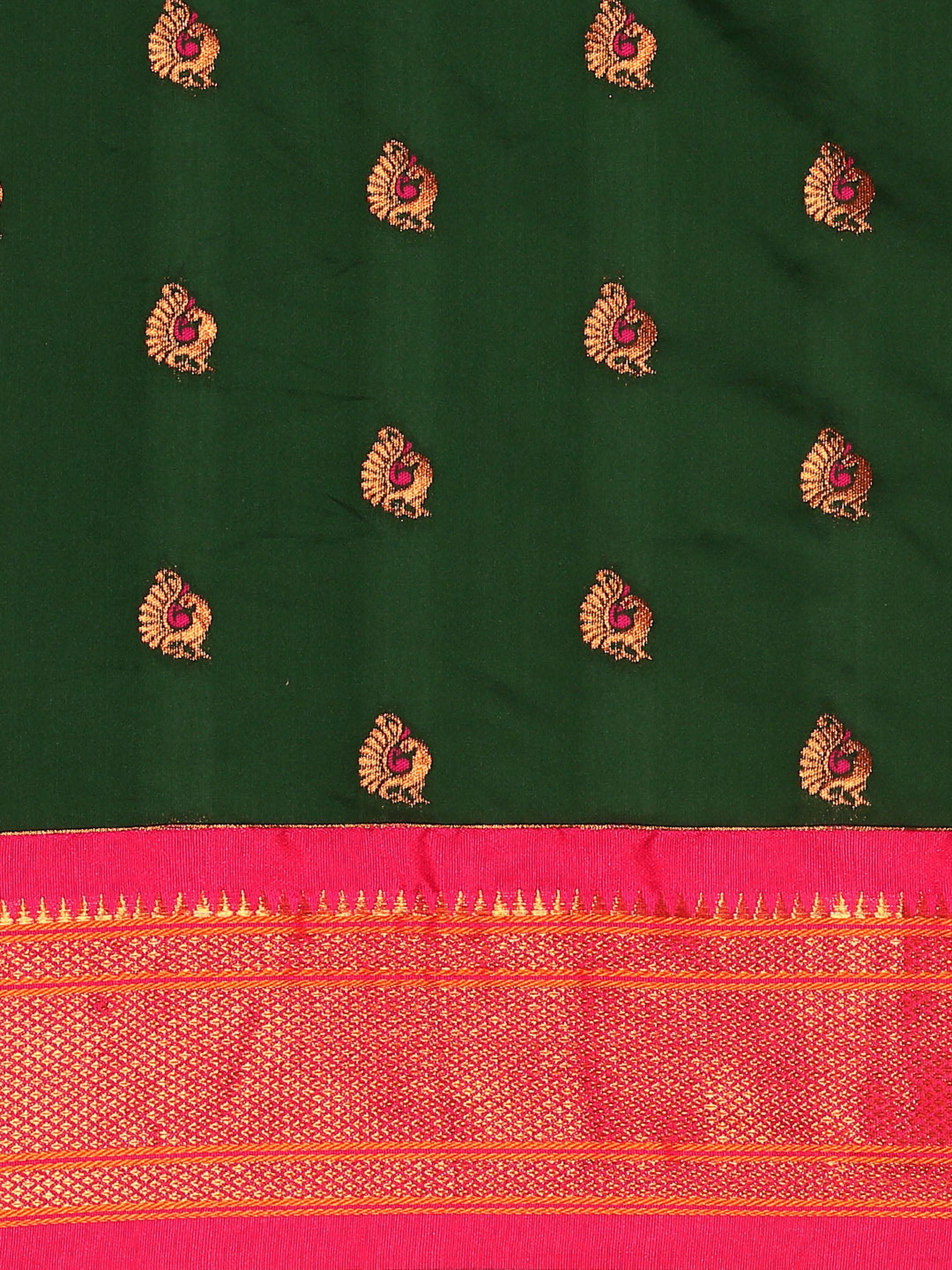 Maharani paithani saree silk blend in bottle green and pink with big peacock meena butti - body fabric detail showing motif design for party wear